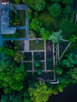 Explore the vibrant green landscape of Helsinki from above, showcasing park pathways and lush trees.