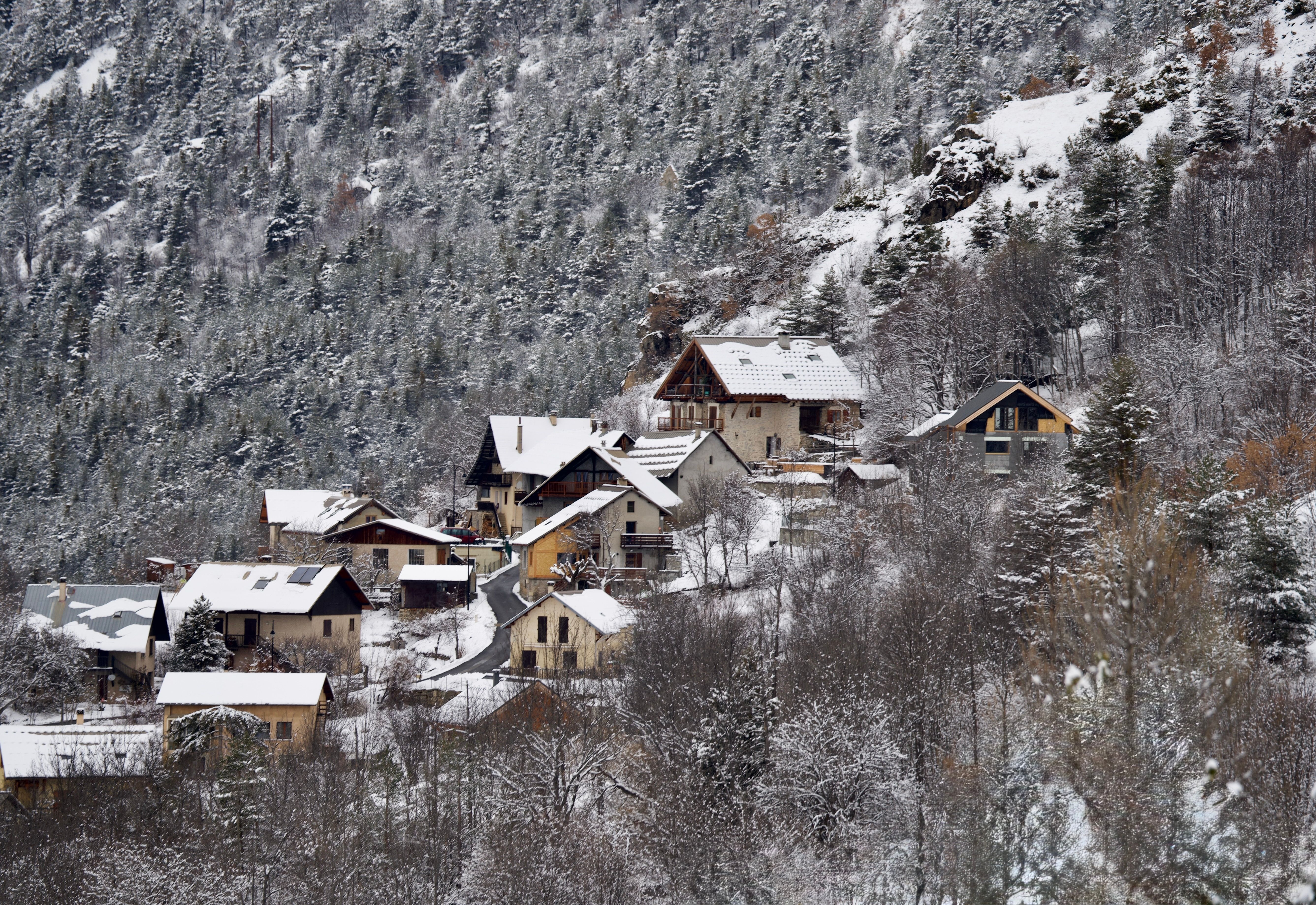 Houses scattered across a forested hillside with snow on the roofs and a road winding up between them