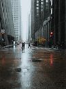 雨天，城市里的行人穿过高楼与红绿灯间潮湿的街道
