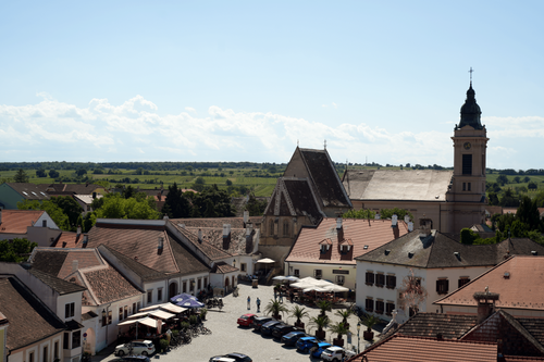 Free Aerial view of a charming village in Burgenland, Austria, showcasing architecture and countryside beauty. Stock Photo