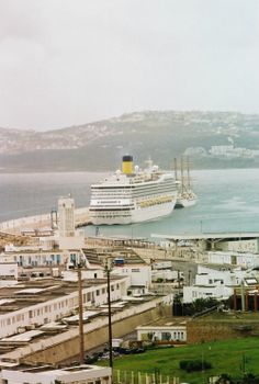 A cruise ship docked in a coastal city port with hills in the background.