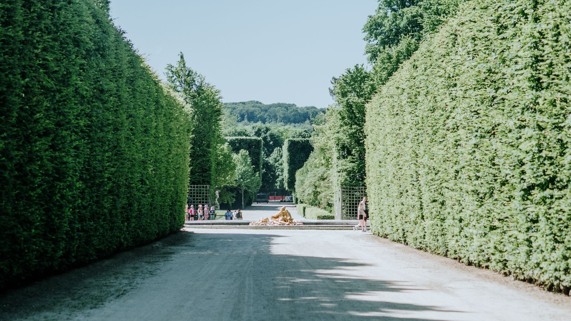Peaceful garden path with lush hedges and statue at Versailles, France.