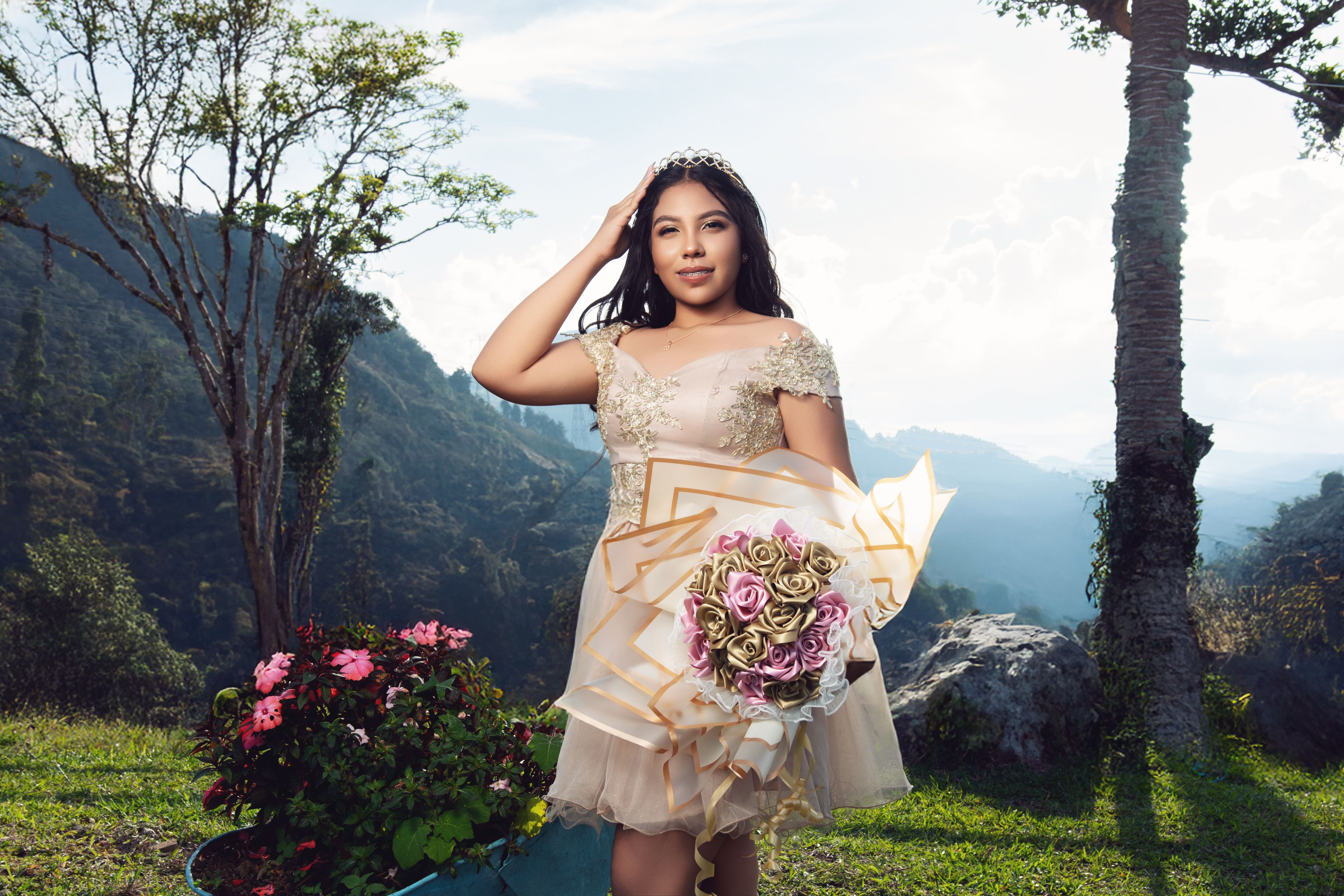 what color flowers go with a gold prom dress Floral-Applique Long Prom Dress with Sheer Bodice main image 0