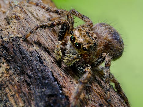 Detailed macro shot of a jumping spider showcasing its vivid features on a wooden texture.