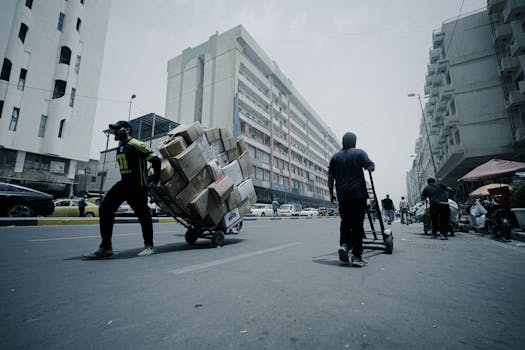 Workers transporting boxes on an urban street with tall buildings under a cloudy sky.