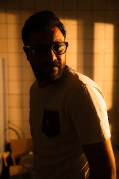 A man wearing sunglasses stands indoors, illuminated by warm sunset light, creating a moody atmosphere.