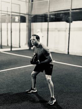 Focused male player on a padel court, ready for action in Mérida, Mexico.