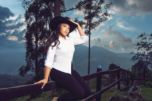 Elegant woman in hat poses by wooden fence in breathtaking mountain scenery.