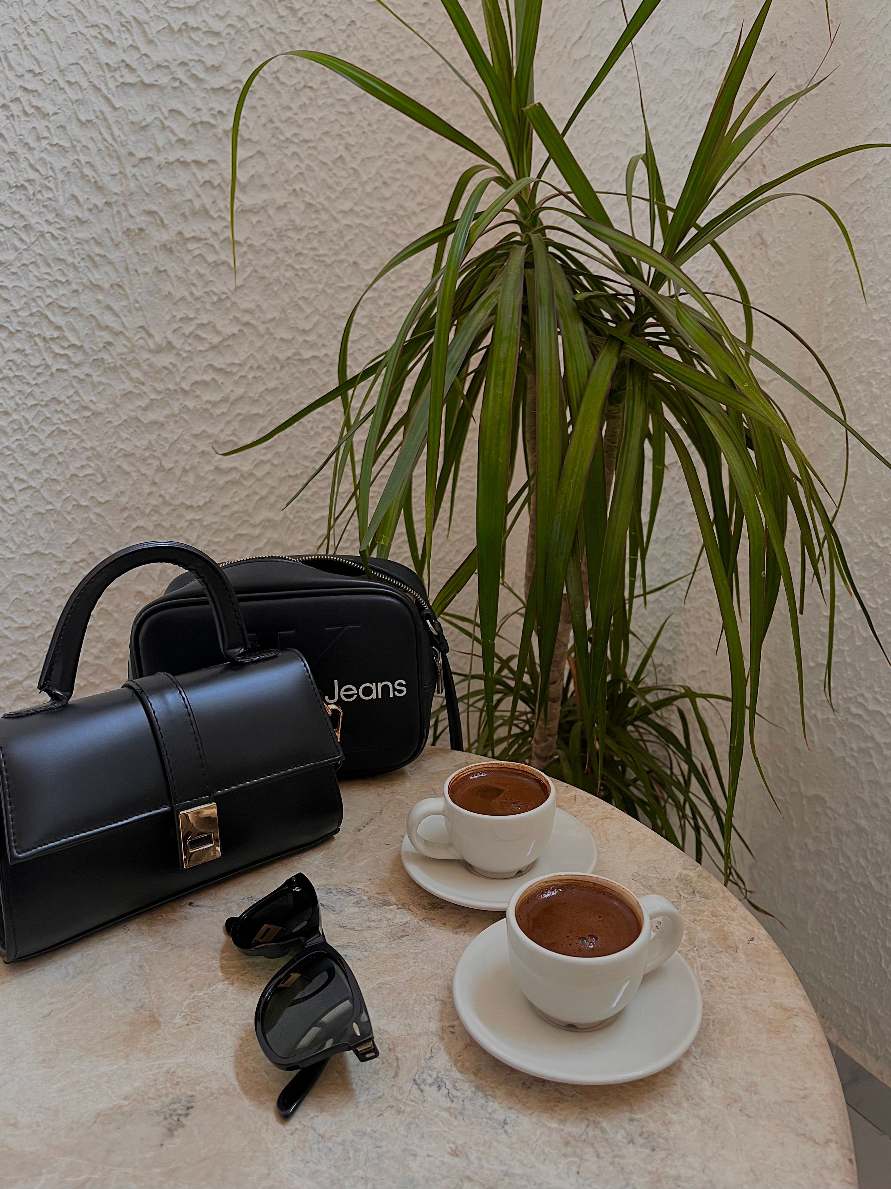 Elegant coffee setup with handbags, sunglasses, and greenery for a chic lifestyle vibe.
