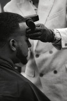 Side view of a man getting a haircut in a barber shop, highlighting grooming detail.