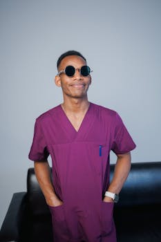 A smiling male nurse in purple scrubs and sunglasses, showcasing confidence indoors.