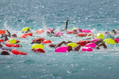 Free Vibrant image of swimmers in a triathlon event in San Luis Potosí, Mexico. Stock Photo