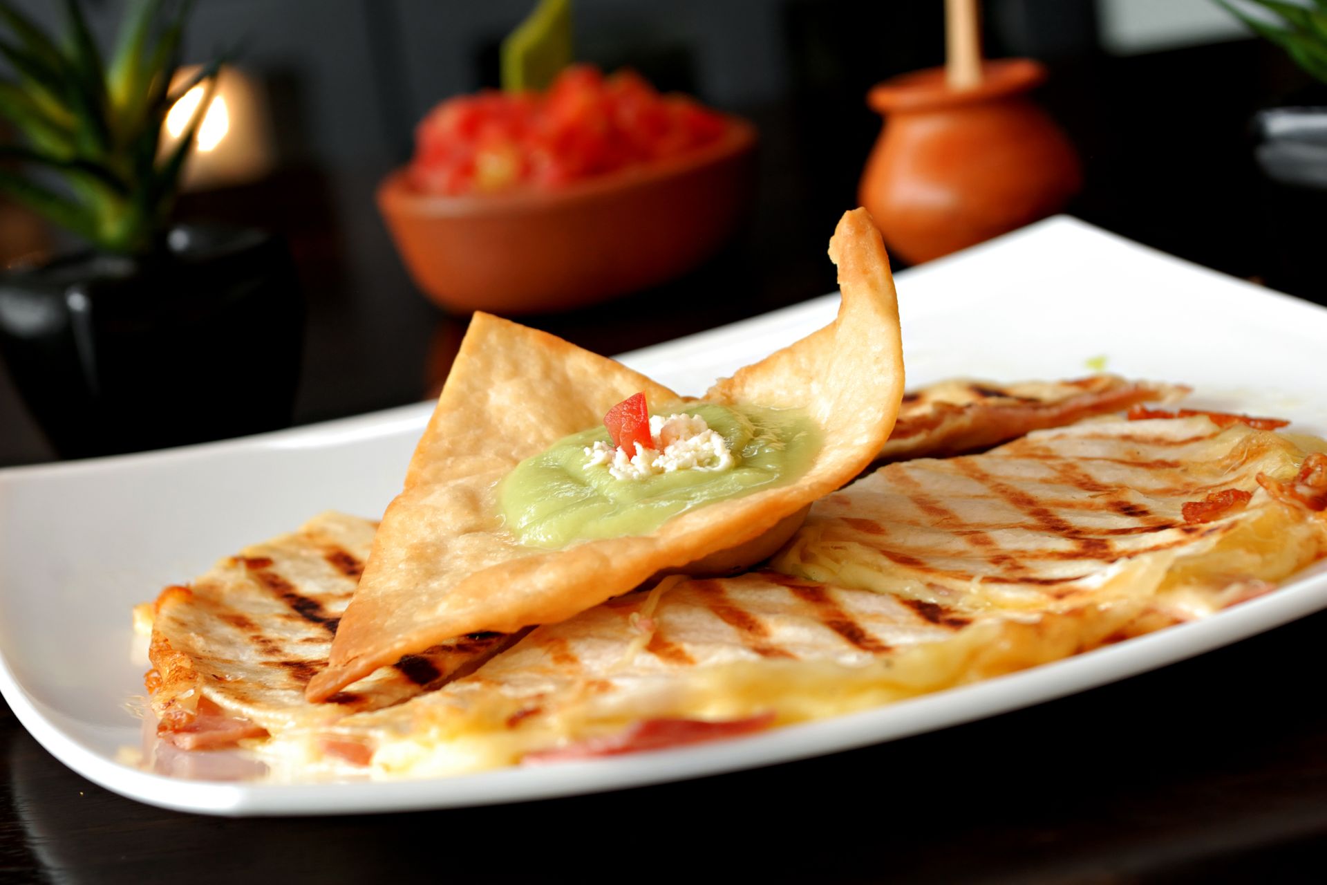 Mouth-watering grilled quesadilla topped with avocado and salsa on a white plate.