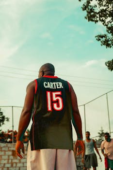 A group of adults playing basketball on an outdoor court in Nigeria under a clear sky.