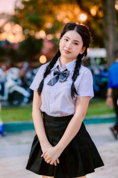Teen girl in school uniform posing outdoors at dusk, creating a serene and engaging mood.