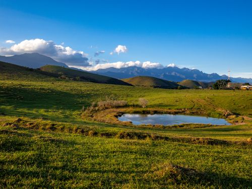 Free Peaceful landscape of a grassy field, small pond, and mountain range under blue skies. Stock Photo