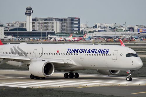 Free Turkish Airlines Airbus A350 taxiing at a bustling airport, showcasing modern aviation. Stock Photo