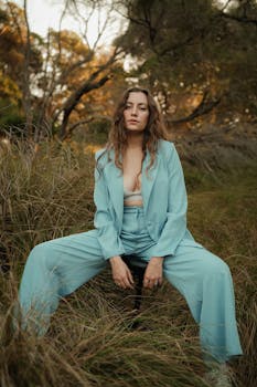 Confident young woman in a blue suit sits surrounded by nature, exuding elegance.