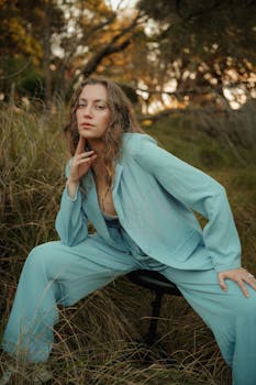 Fashionable woman in a light blue suit posing in a grassy outdoor setting with moody lighting.