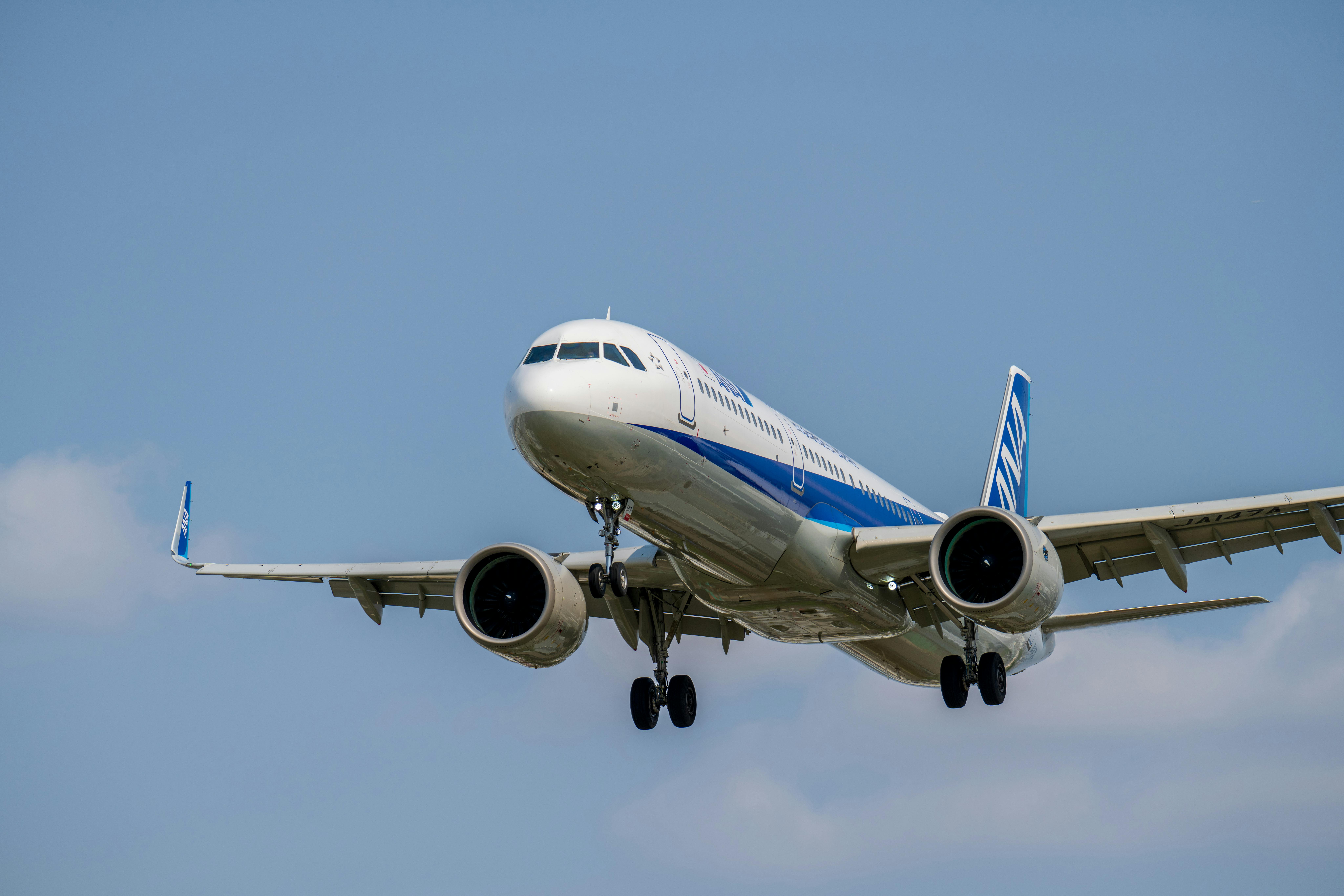 Free A commercial airplane approaches for landing with clear skies in the background, capturing the essence of flight. Stock Photo