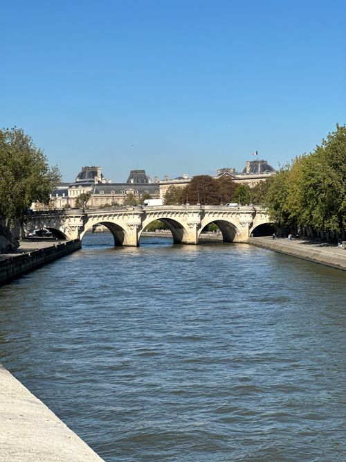 Free The iconic Pont Neuf bridge over the Seine River in Paris, captured on a clear day. Stock Photo