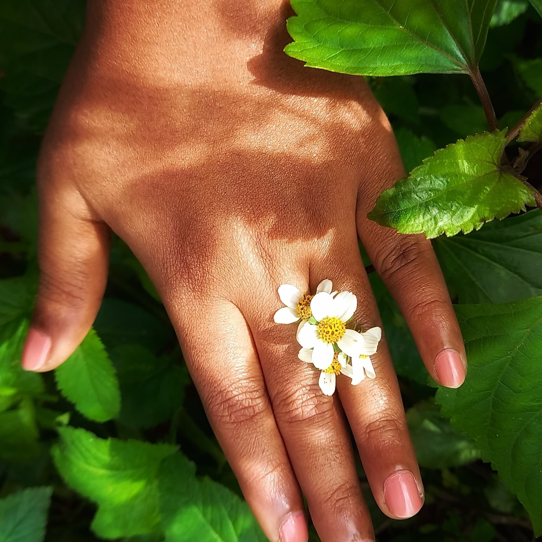 A hand wearing a small daisy ring among green leaves — photo by Reshma Arun on Pexels