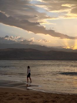 A serene scene of a woman walking along a beach at sunset, with mountains in the background.