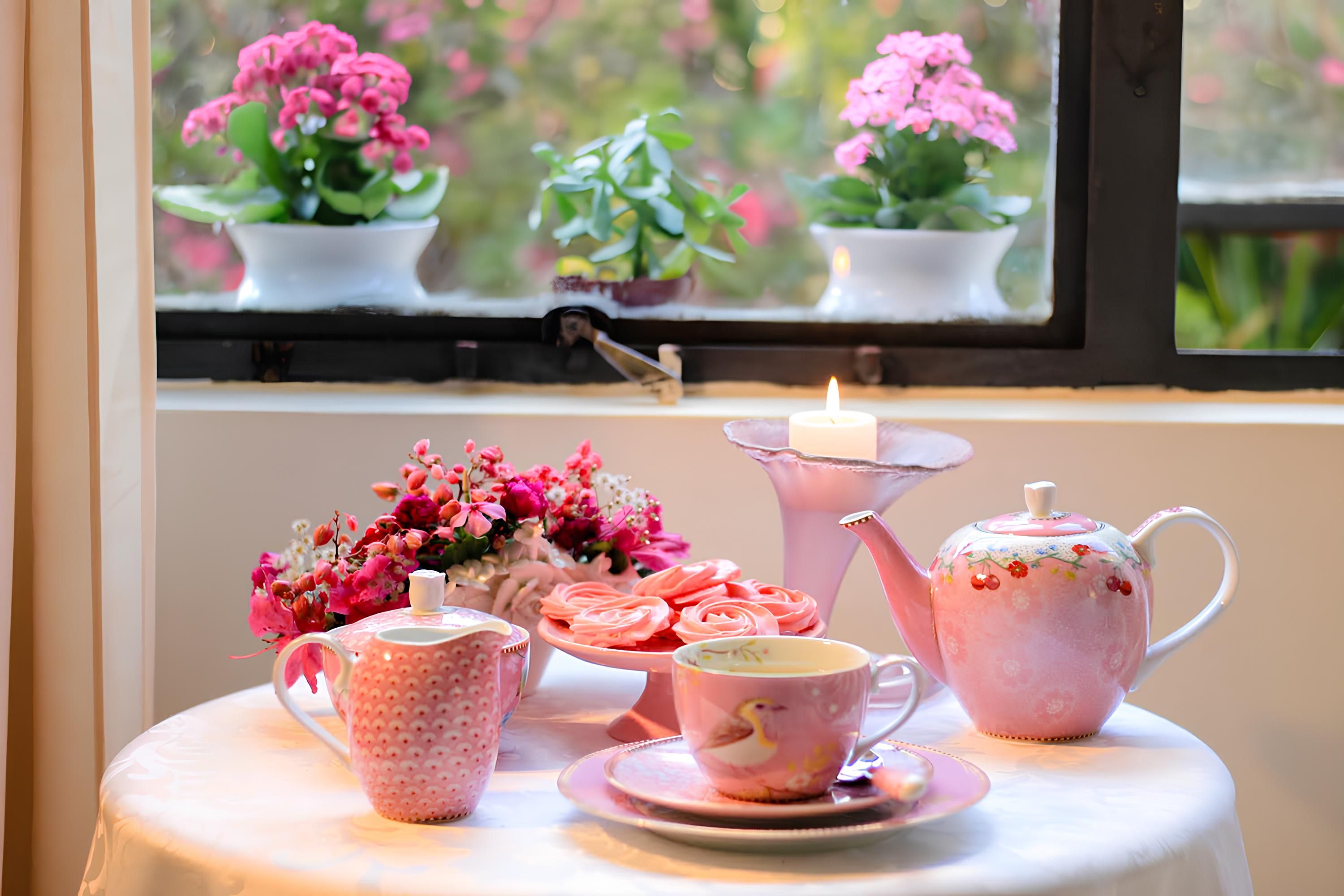 Charming Pink Tea Set by a Window with Flowers · Free Stock Photo
