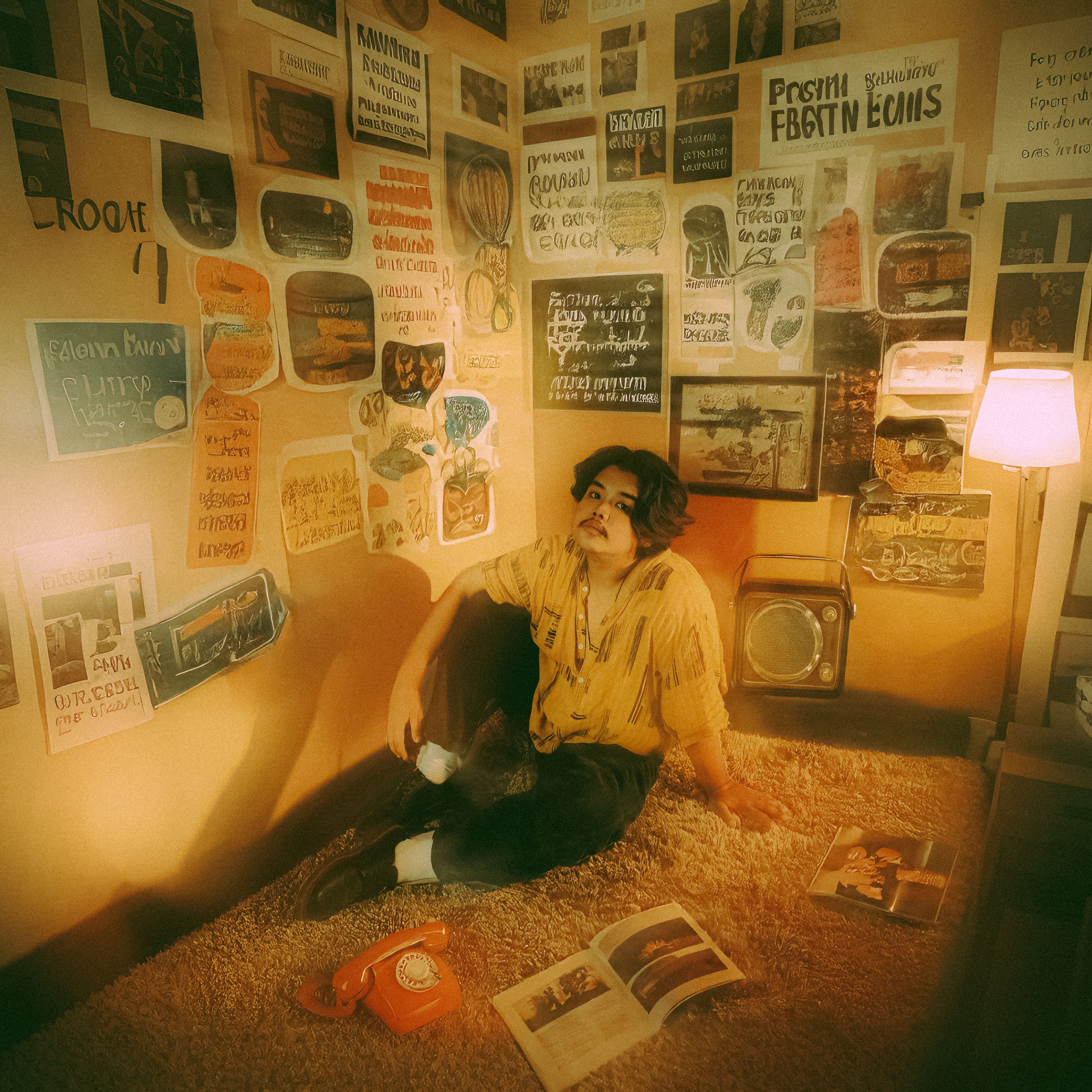 A person sitting in a room with retro decor and vintage elements, evoking a nostalgic mood.