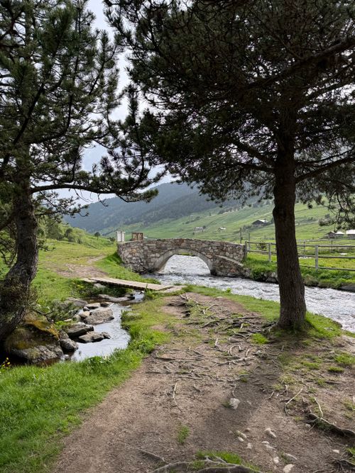 Free A picturesque stone bridge spans a gentle stream amidst a verdant rural landscape, framed by trees. Stock Photo