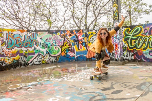 A woman skateboarding in a vivid graffiti-filled park, capturing urban style and youthful energy.