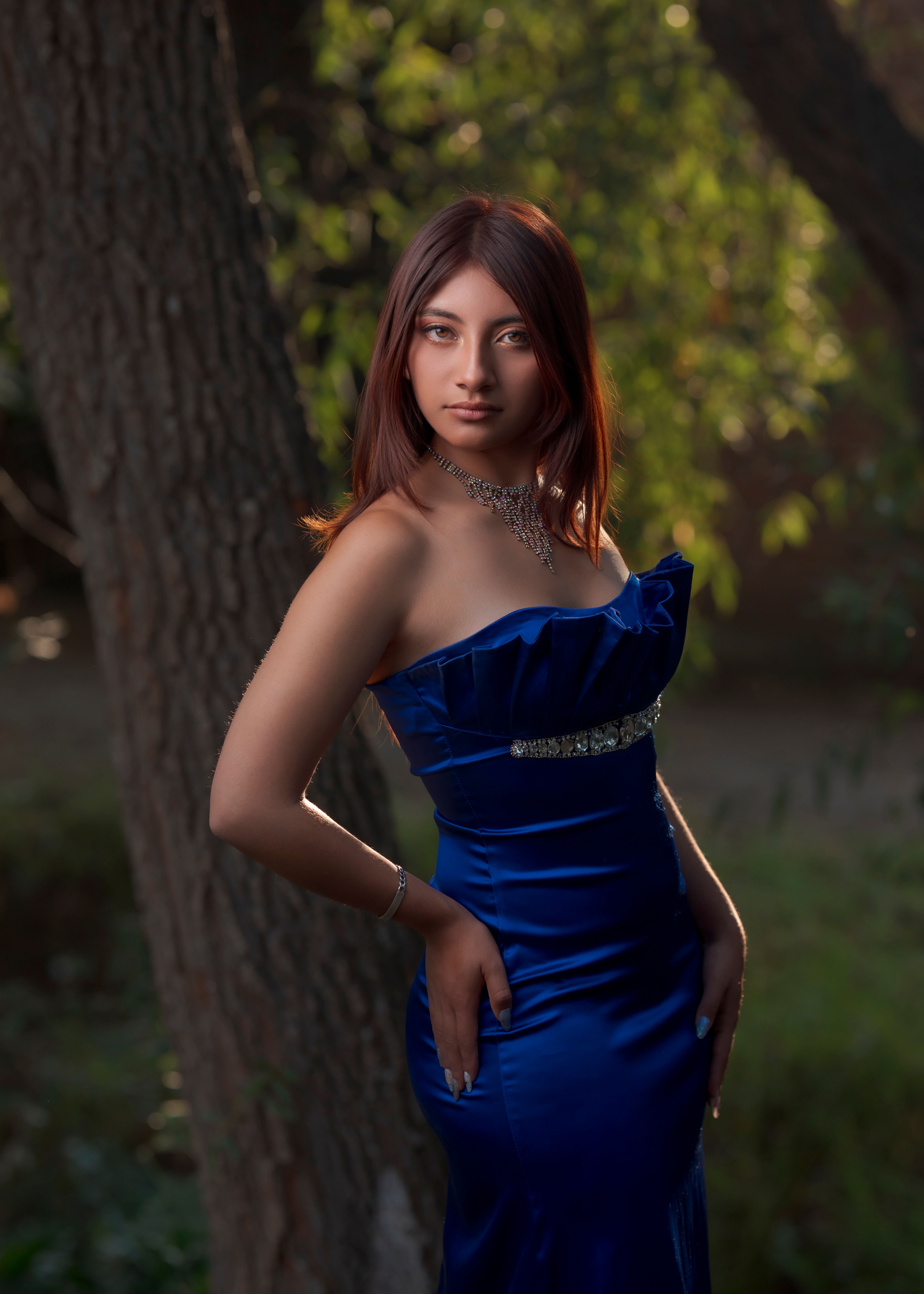 Elegant Woman in Blue Dress Posing Outdoors · Free Stock Photo