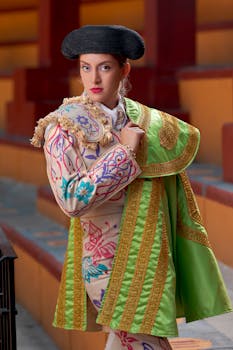 A striking portrait of a female bullfighter wearing traditional matador attire with intricate designs, exuding confidence.