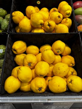 A vibrant display of bright yellow quinces at a market stall in Pamplona, Spain.