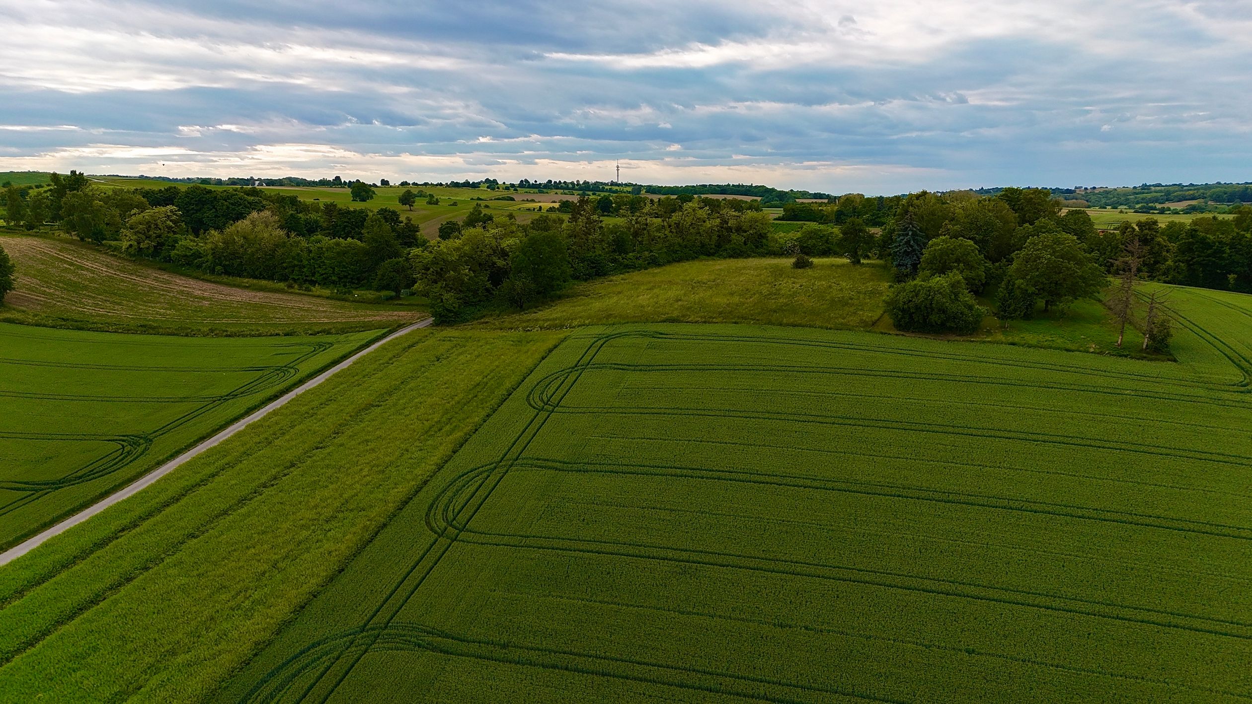 Aerial View of Lush Green Fields Under Cloudy Sky · Free Stock Photo