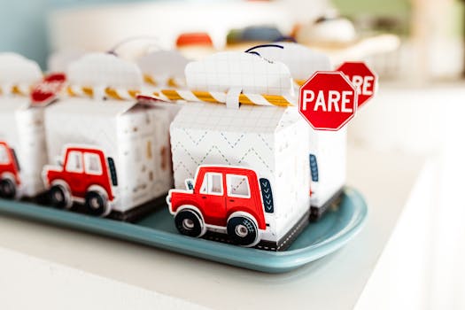 Brightly colored toy car gift boxes with 'Pare' stop signs, ideal for kids' parties.