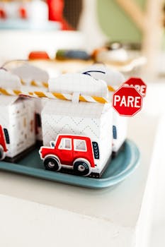 Bright toy car-themed decorations with red stop sign detail, perfect for children's parties.