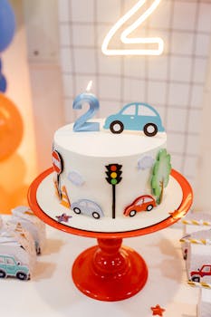 A vibrant car-themed cake for a 2nd birthday celebration with colorful decorations and a number two candle.