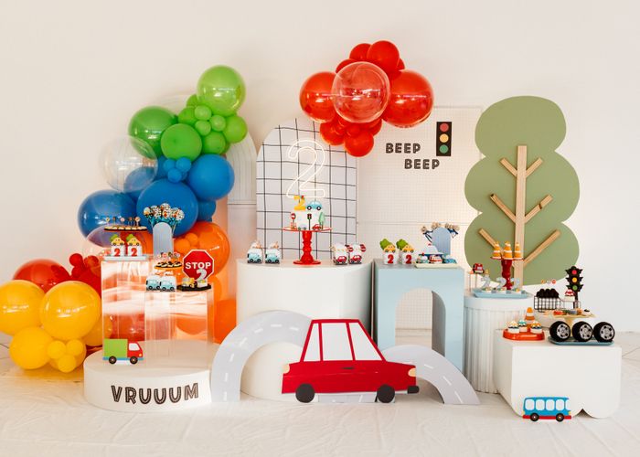 Cartoon-themed kids birthday party setup