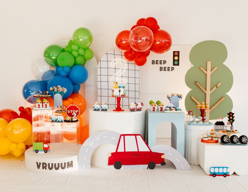 Cartoon-themed kids birthday party setup