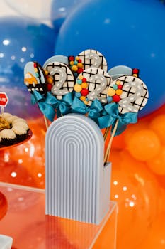 Festive birthday party candy display with number designs and balloons.