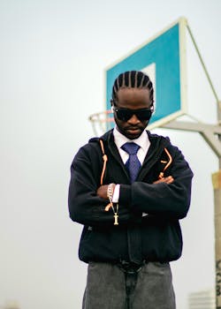 Stylish man with sunglasses in front of basketball hoop, exuding confidence in an urban setting.