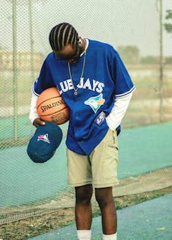 Man wearing a blue sports jersey and holding a basketball outdoors, showcasing a casual sports vibe.