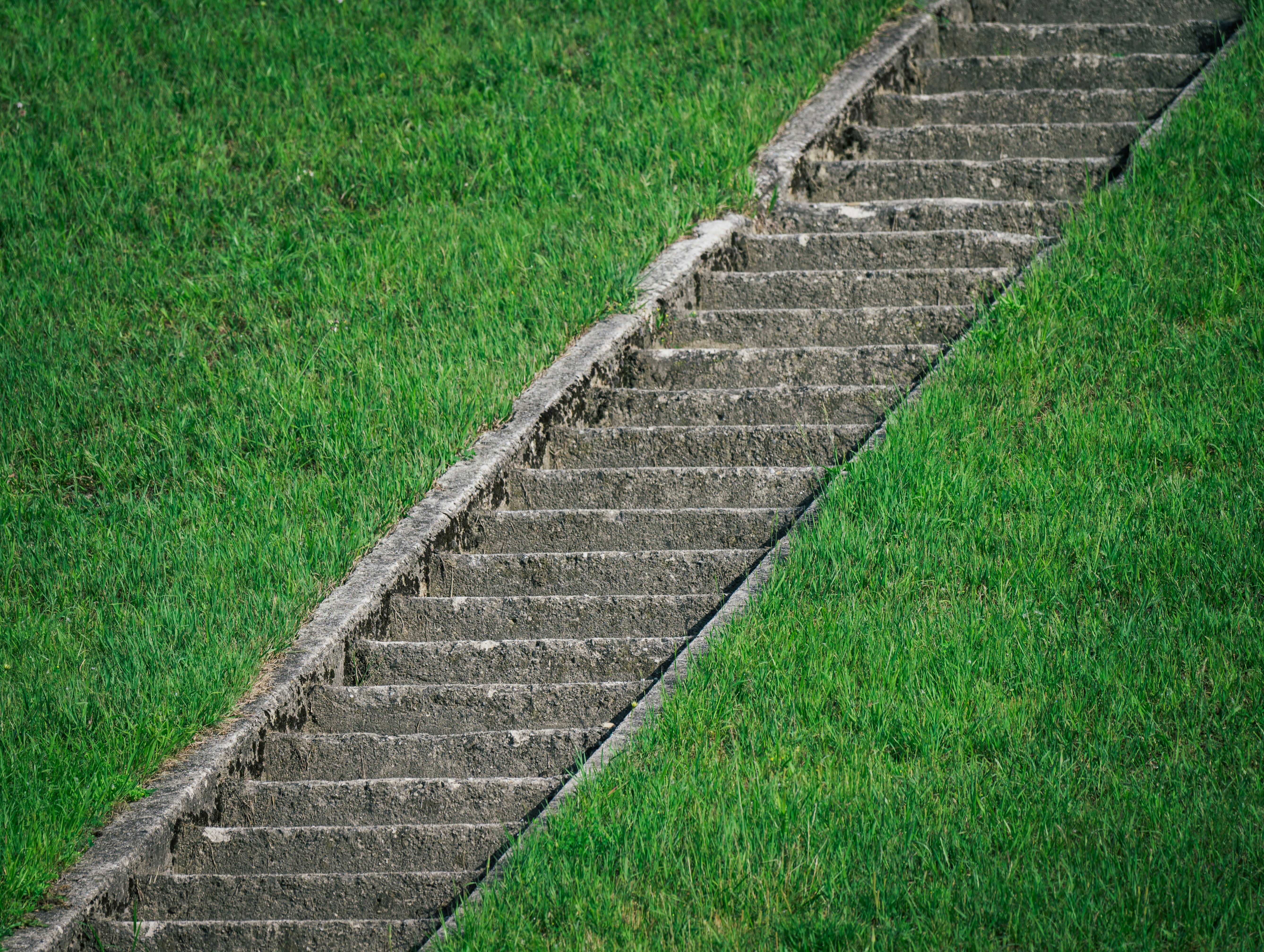 Gratis Una scala diagonale in cemento circondata da un vivace prato verde, che illustra la struttura della natura. Foto a disposizione