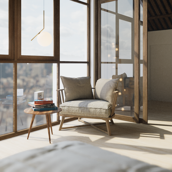 Bright minimalist interior featuring a cozy chair, wooden table, and large windows.