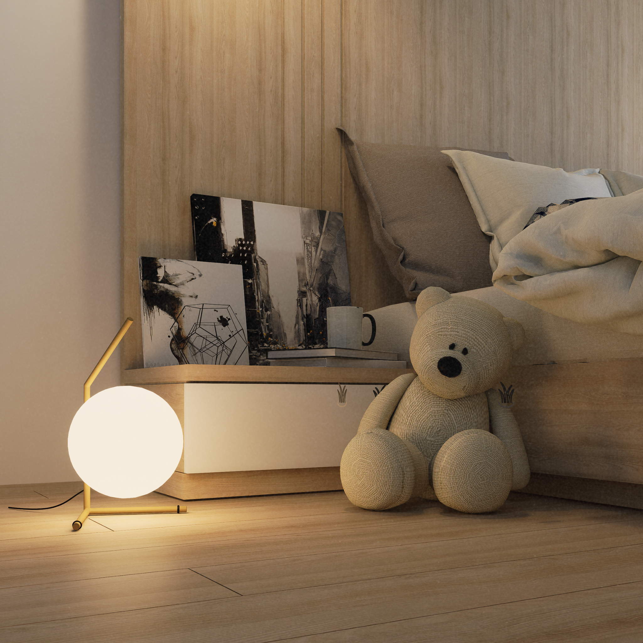 Warm and cozy bedroom interior featuring a teddy bear and soft lighting ambiance.