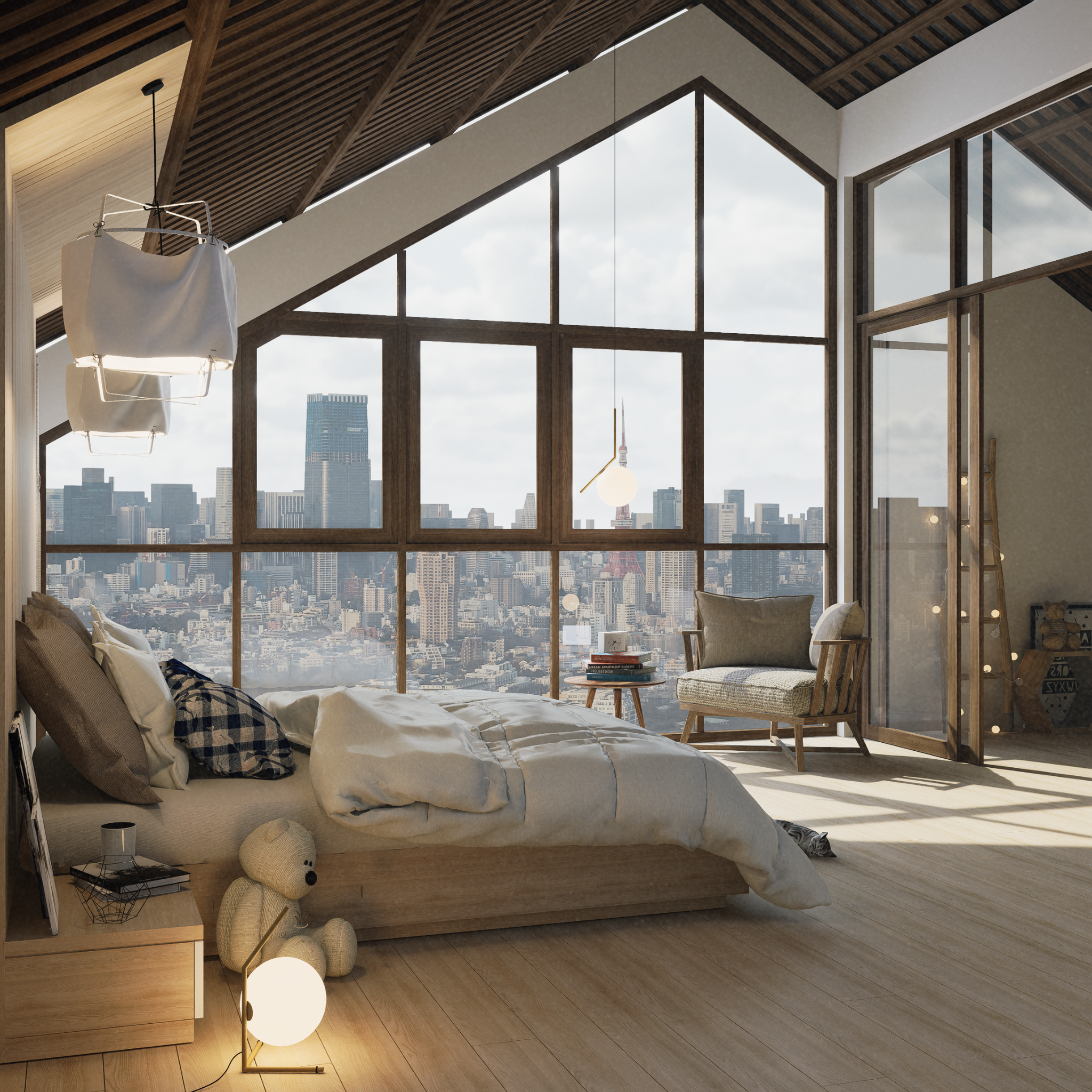 Cozy Modern Bedroom with City Skyline View · Free Stock Photo