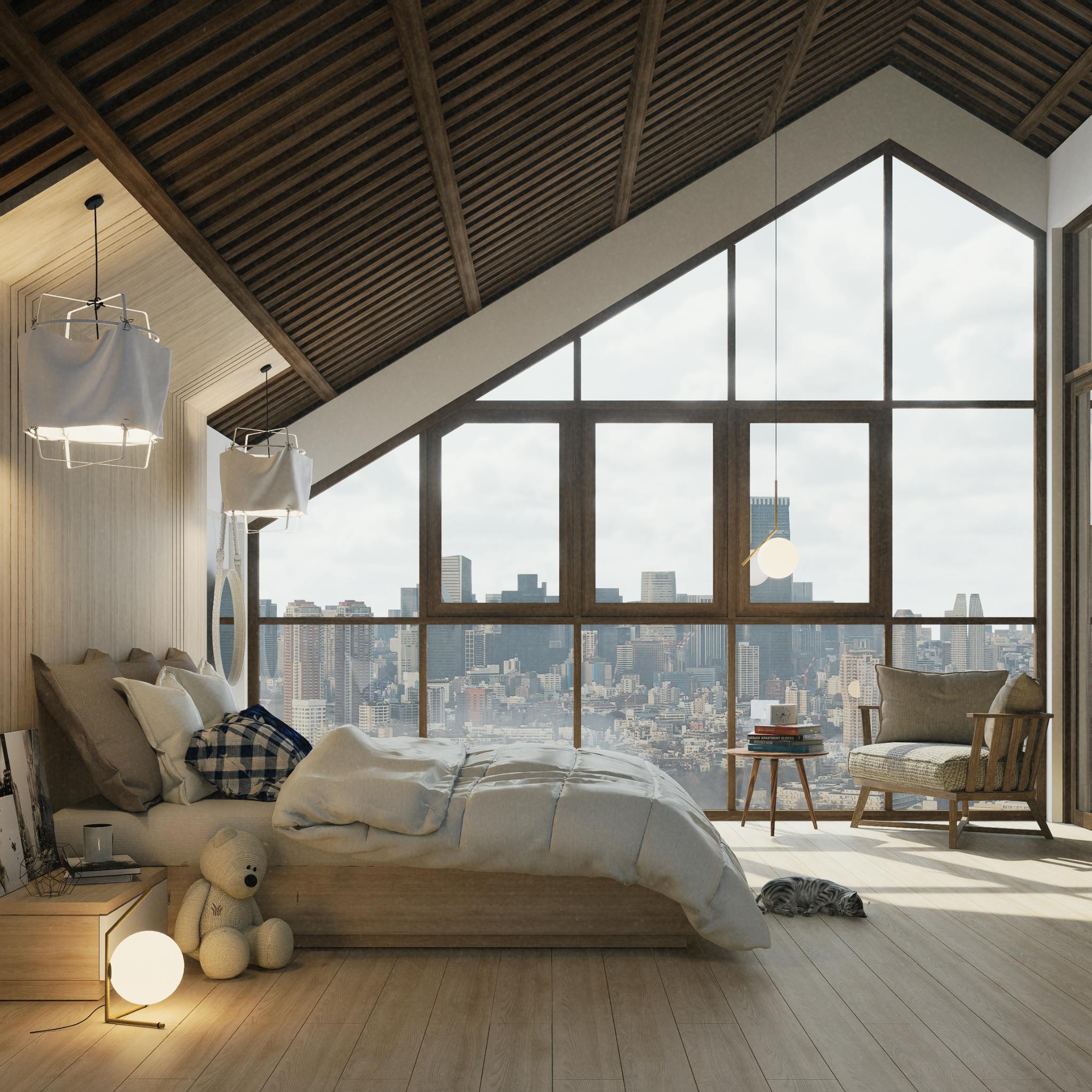Stylish loft bedroom featuring modern decor and a panoramic city skyline view through large windows.