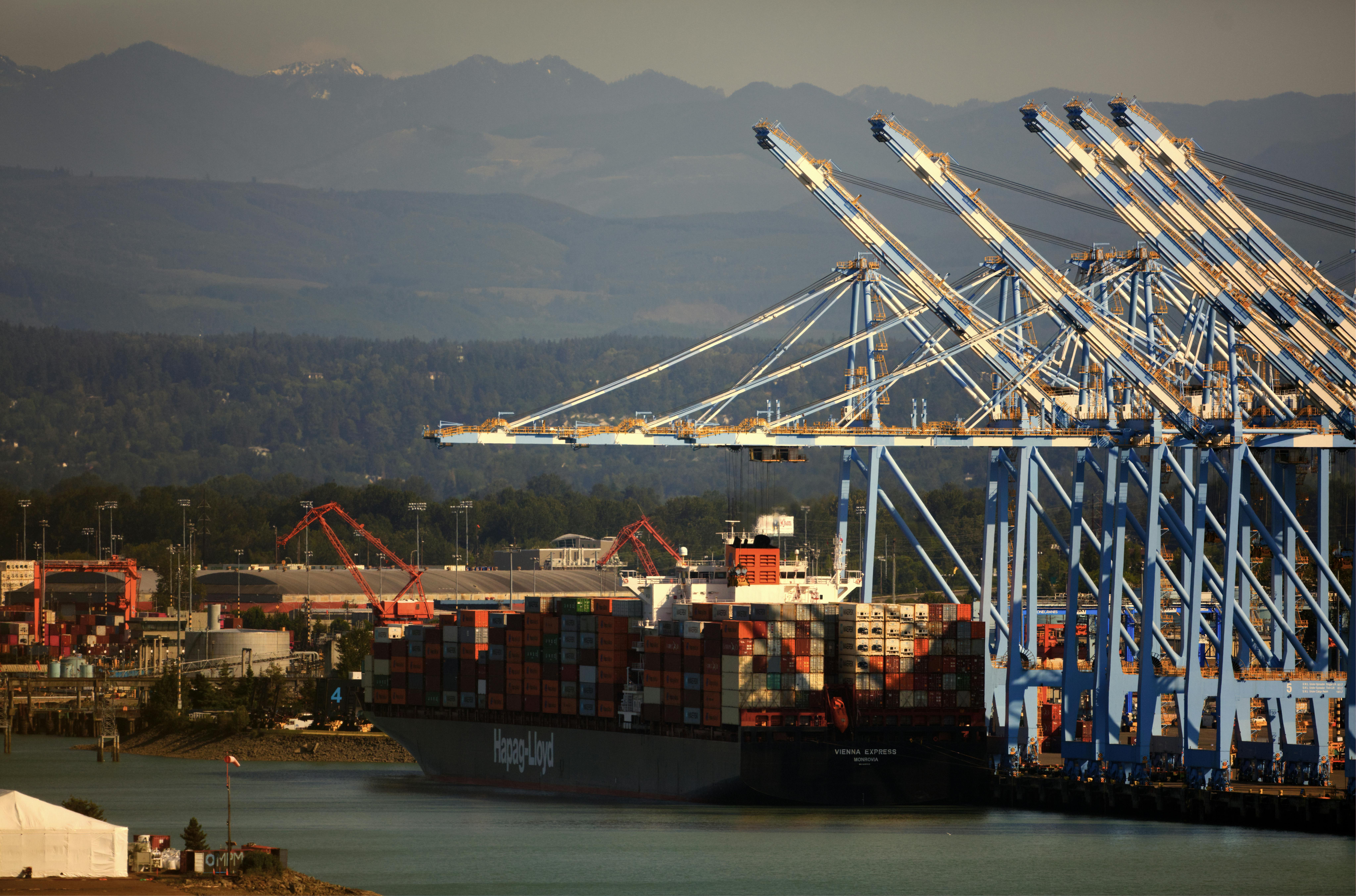Container ships and cranes at Port of Tacoma with mountain backdrop, showcasing industrial shipping.