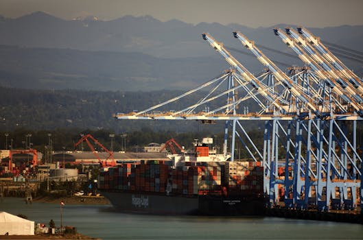 Container ships and cranes at Port of Tacoma with mountain backdrop, showcasing industrial shipping.